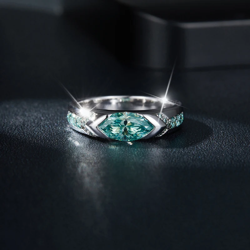 1CT S925 Silver Moissanite Ring Blue Green with Marquise Cut Minimalist Design Jewelry - Image 4