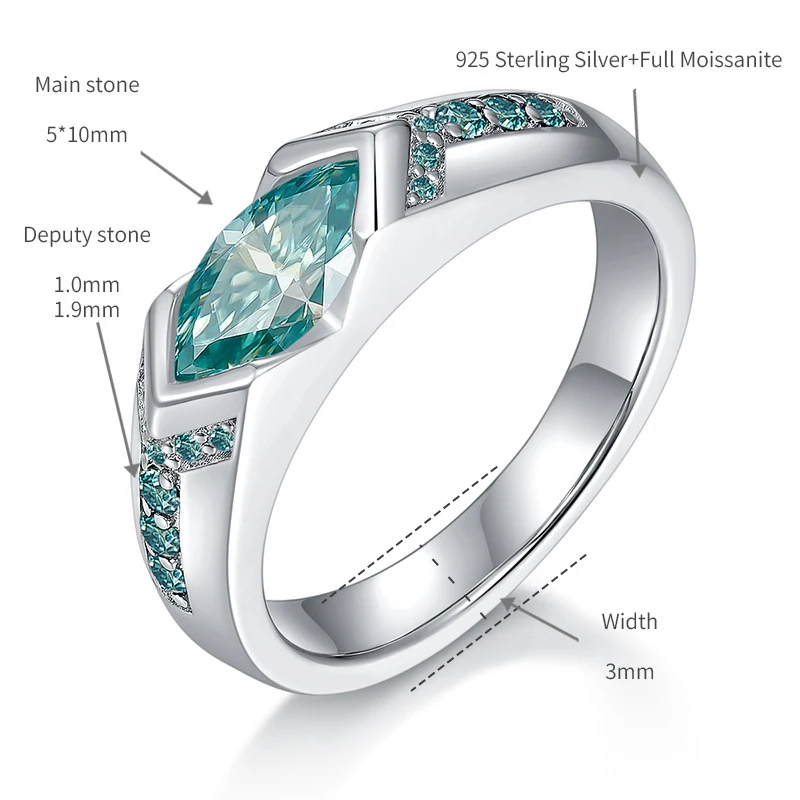 1CT S925 Silver Moissanite Ring Blue Green with Marquise Cut Minimalist Design Jewelry - Image 6