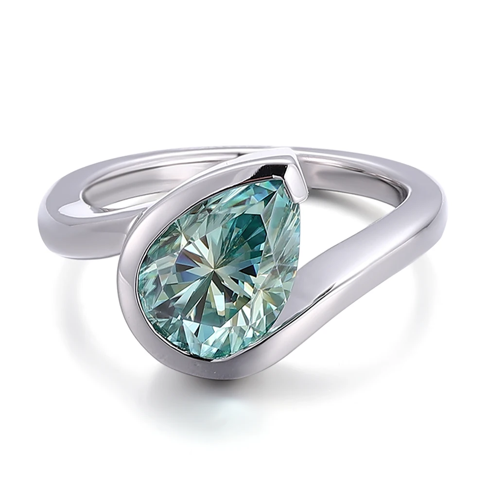 Moissanite Rings 925 Sterling Silver 7*10mm Pear Cut Blue Green Moissanite Engagement Ring for Women